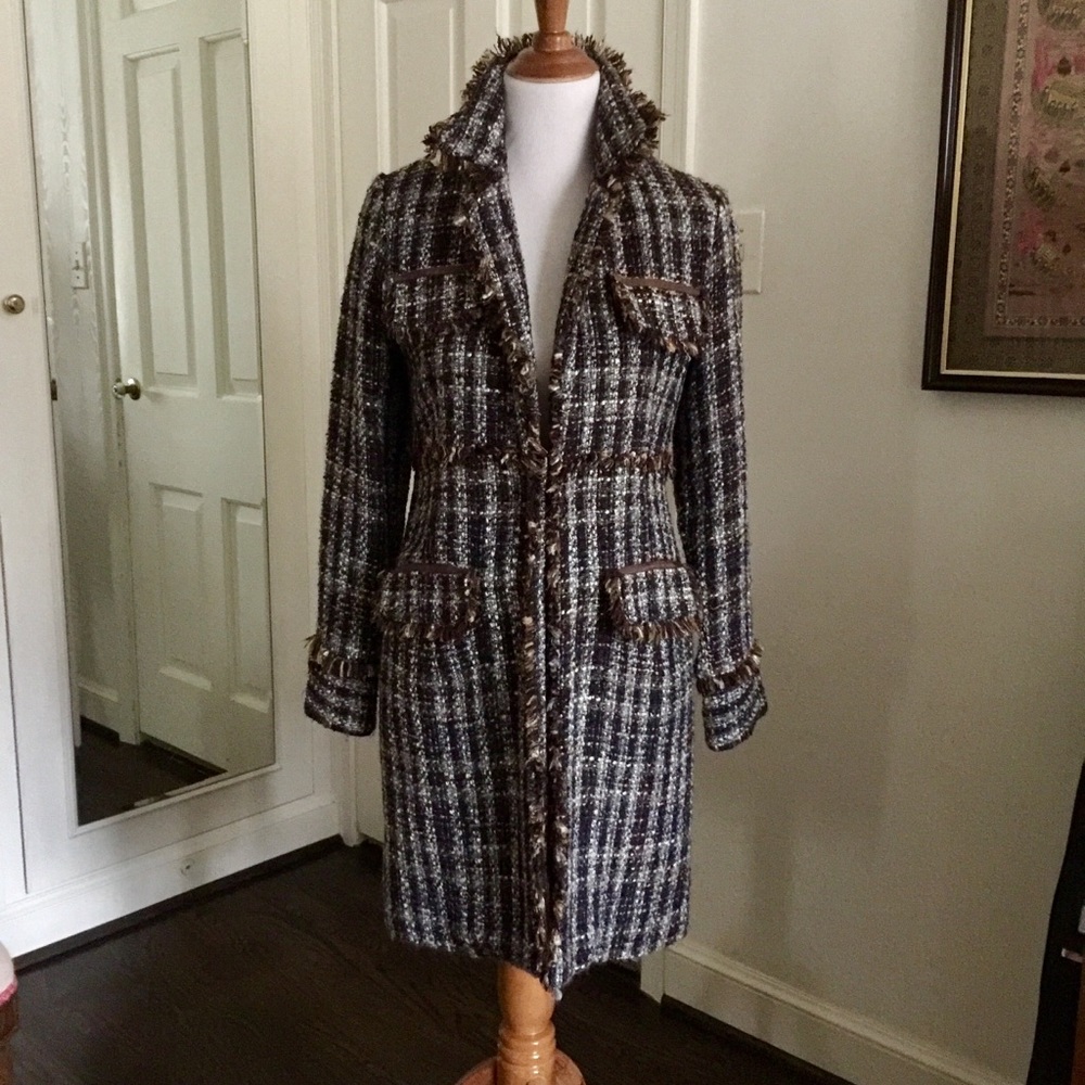 Gorgeous plaid long blazer with fringe detail